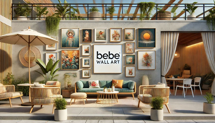 A stylish outdoor setting featuring a modern patio with a central wall displaying framed wall art pieces. The wall art includes vibrant, nature-inspired designs. The area is bright and inviting, with natural elements like plants and outdoor furniture.