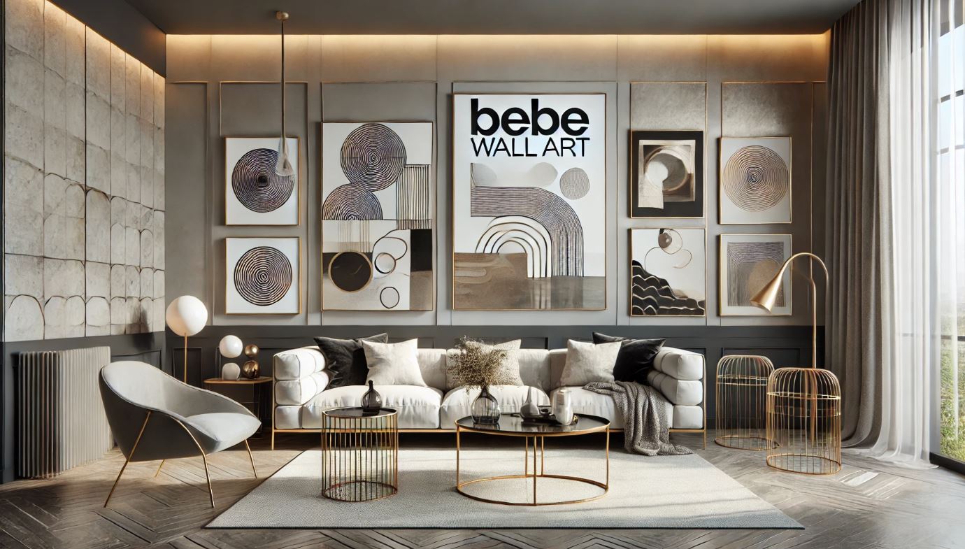 A stylish interior with abstract wall art, featuring a modern color palette of black, white, and gray with gold accents. The walls display framed abstract art pieces, and 'BebeWallArt' text is prominently in the center